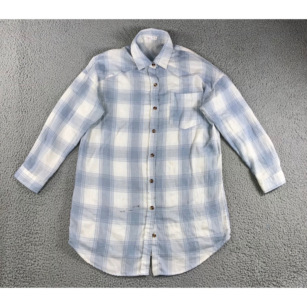 Rose + Vine Flannel Shirt‎ Women XS/S Blue Plaid Longline Oversized Layering